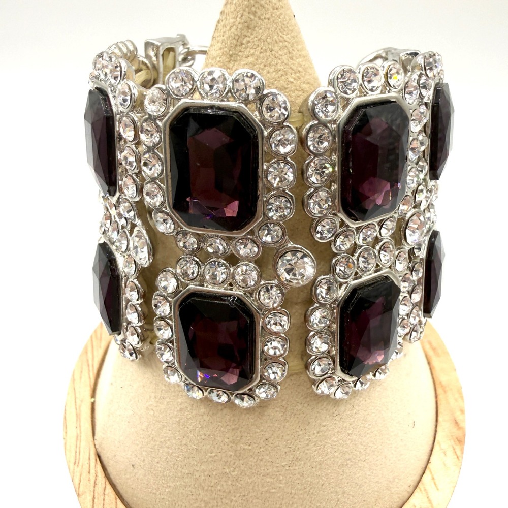 Y2K Purple Rhinestone Multi Strand Chain Cuff Bracelet Cocktail